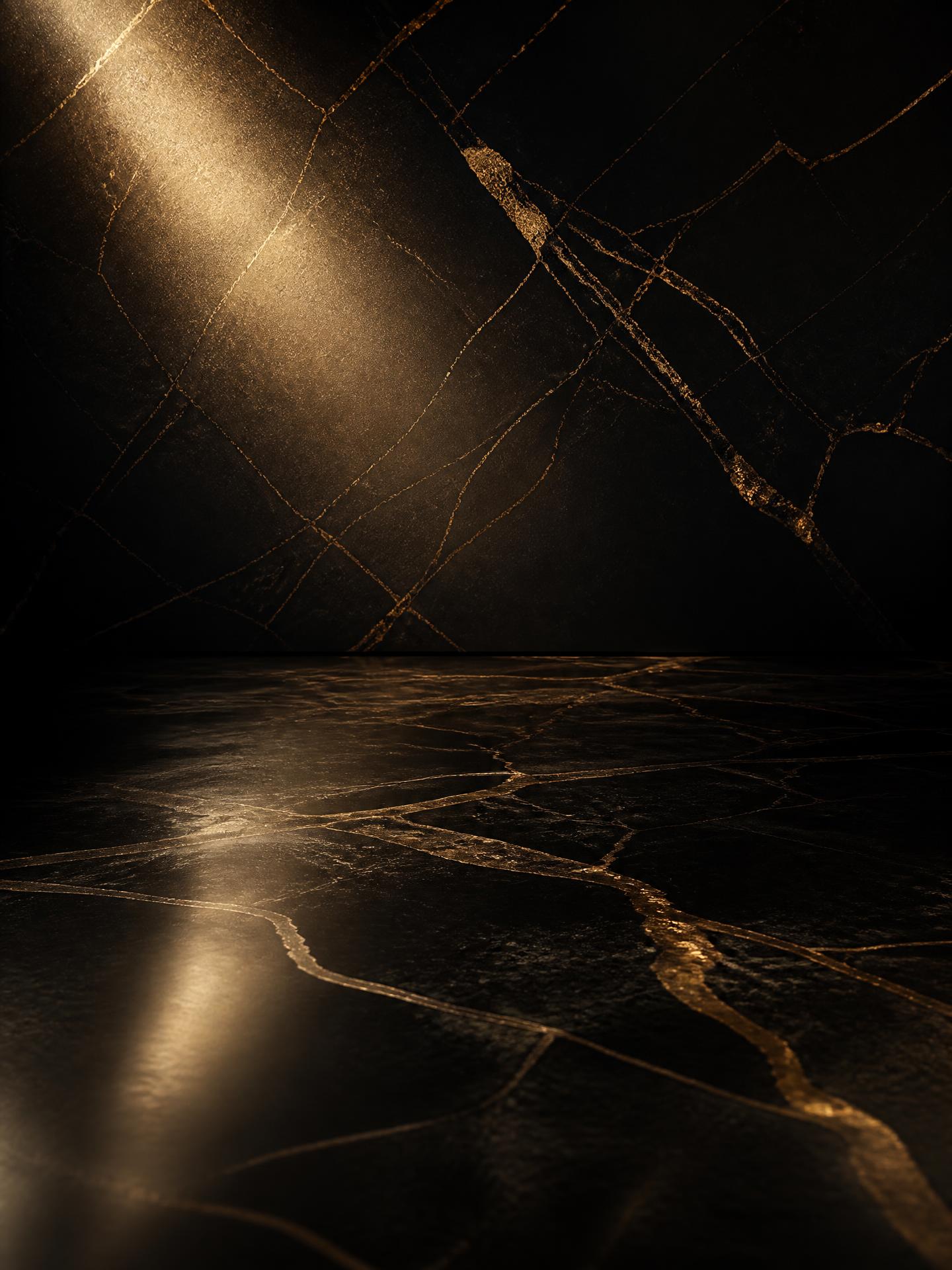 Black marble surface with golden light reflections