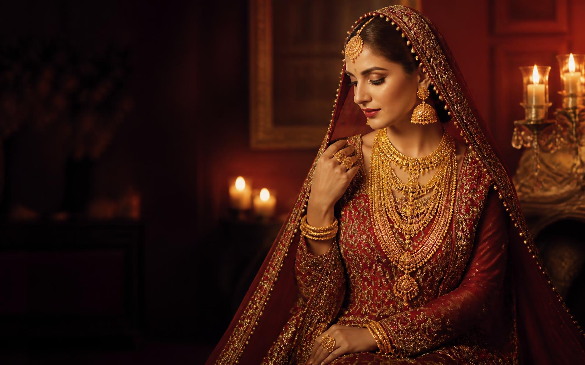 Bride wearing a heavy 21K gold Pakistani bridal jewellery set with jhumka earrings, maang tikka and bangles