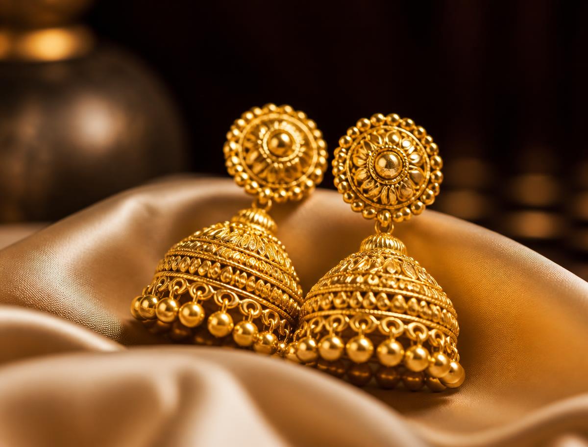 Ornate 21K gold jhumka earrings on champagne silk