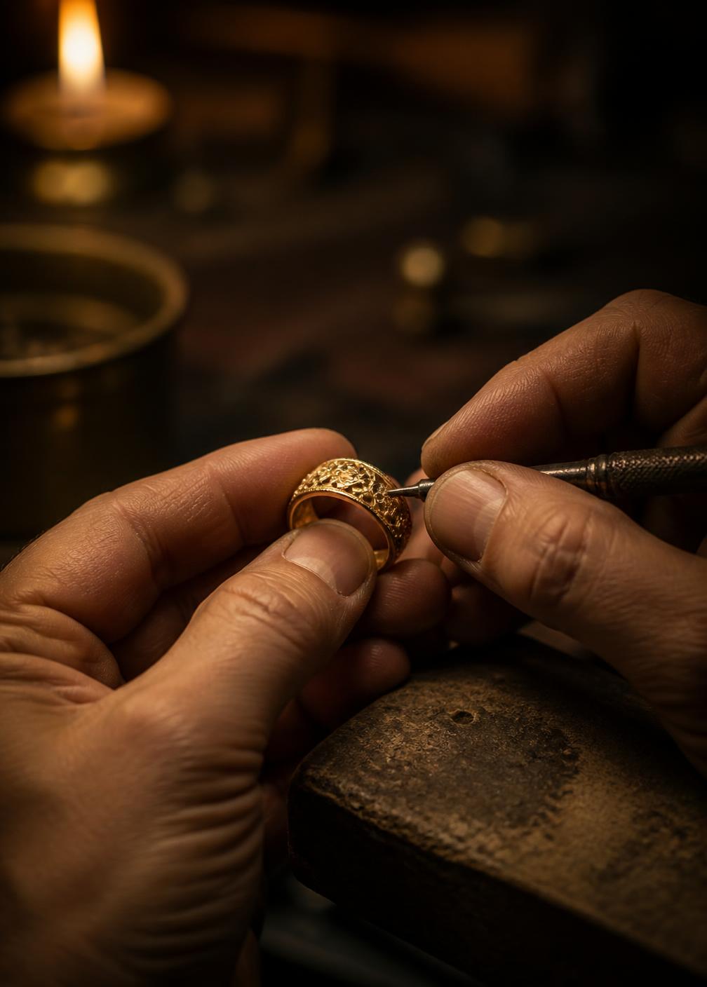 A goldsmith finishing a 21K gold ring at the bench